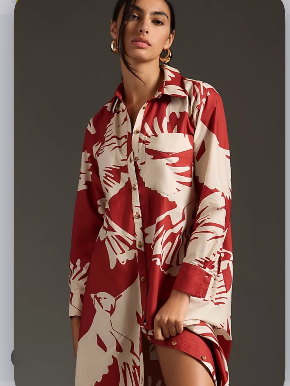 Maeve Soren Long Sleeve Shirt Dress Women's Medium Bird Print Red White Coastal